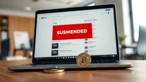 YouTube bans Bitcoin.com channel showing termination notice on laptop screen with Bitcoin coin.