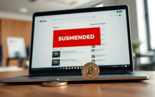YouTube bans Bitcoin.com channel showing termination notice on laptop screen with Bitcoin coin.