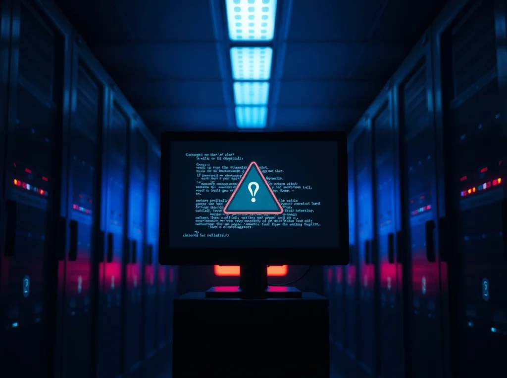 Dark server room with a monitor showing a cyber attack alert, illustrating a DeFi security breach.
