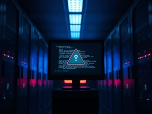 Dark server room with a monitor showing a cyber attack alert, illustrating a DeFi security breach.