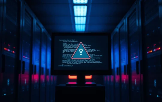 Dark server room with a monitor showing a cyber attack alert, illustrating a DeFi security breach.