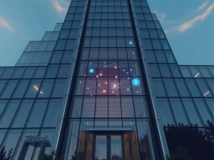 Andreessen Horowitz headquarters building with digital blockchain overlay representing a16z crypto raises $2.2B venture fund