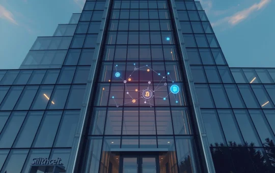 Andreessen Horowitz headquarters building with digital blockchain overlay representing a16z crypto raises $2.2B venture fund