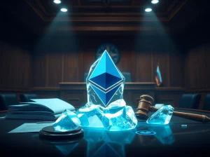 Aave battles to unfreeze $73M ETH in legal fight over Kelp DAO exploit, with frozen Ethereum symbol in courtroom.