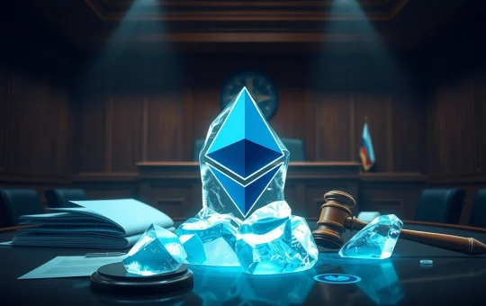 Aave battles to unfreeze $73M ETH in legal fight over Kelp DAO exploit, with frozen Ethereum symbol in courtroom.