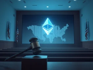 Aave fights to block $71M crypto seizure in North Korea legal clash, depicting a courtroom gavel and blockchain screen