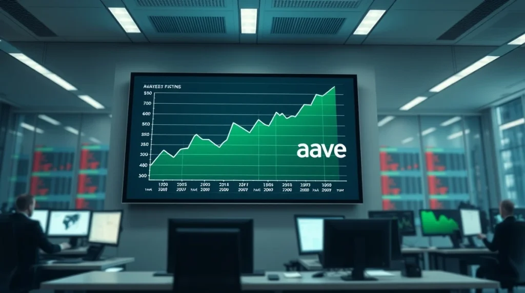 Aave DeFi platform digital display showing recovery progress charts in a modern newsroom setting
