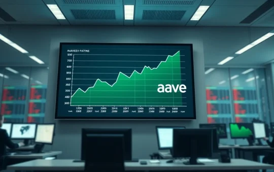 Aave DeFi platform digital display showing recovery progress charts in a modern newsroom setting