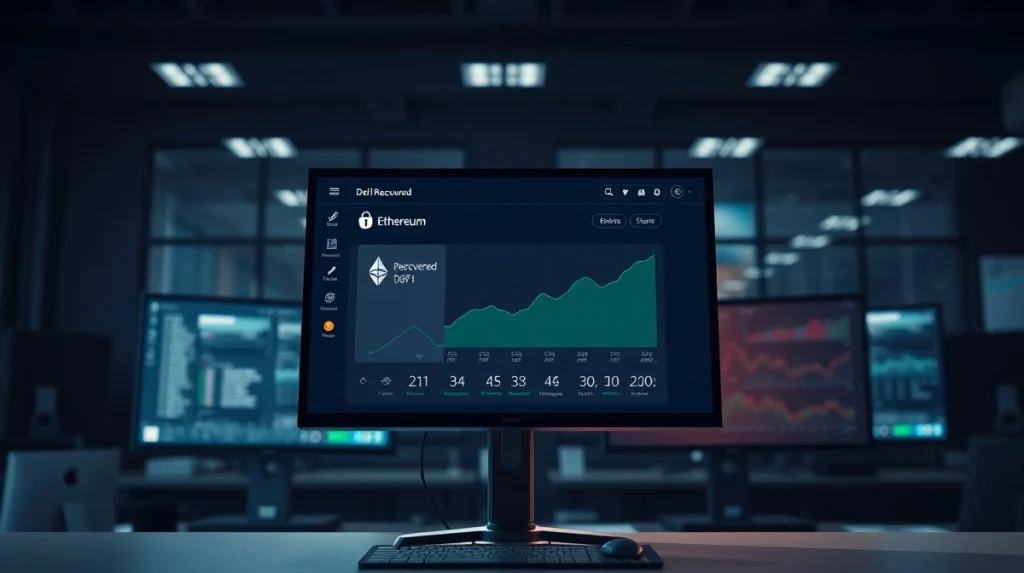 DeFi dashboard showing recovered funds notification with Ethereum symbol and green trend graph