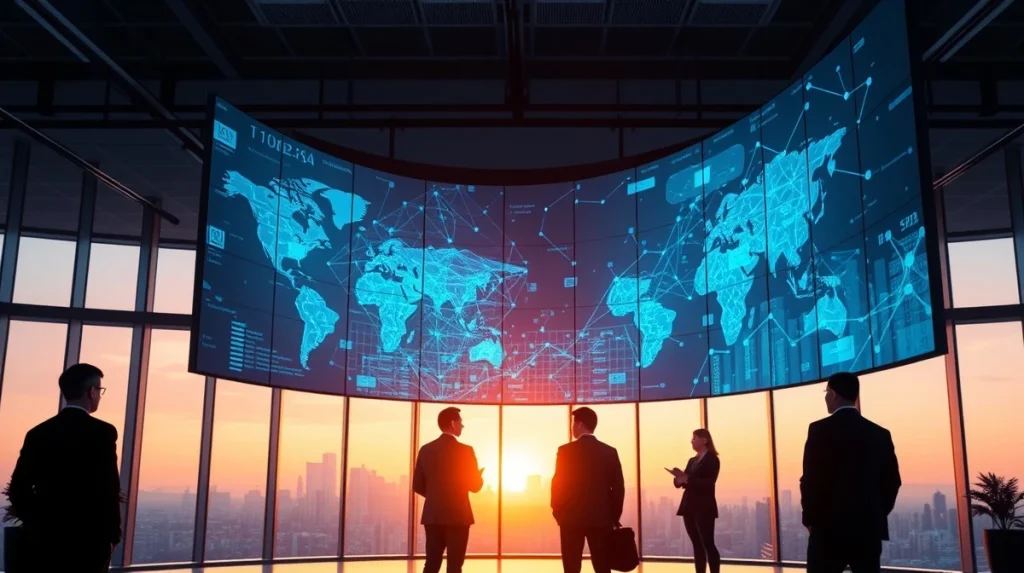 Financial analysts observing a large digital display showing AI and global financial data patterns at sunrise.