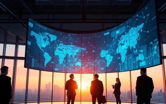 Financial analysts observing a large digital display showing AI and global financial data patterns at sunrise.