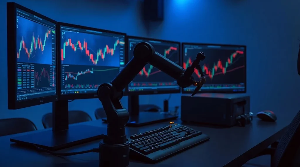 Professional trading desk with multiple monitors showing crypto charts and a robotic arm symbolizing AI-driven trading.