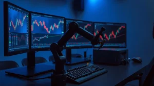 Professional trading desk with multiple monitors showing crypto charts and a robotic arm symbolizing AI-driven trading.