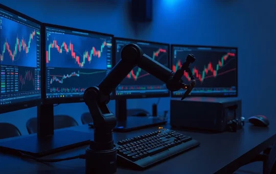 Professional trading desk with multiple monitors showing crypto charts and a robotic arm symbolizing AI-driven trading.