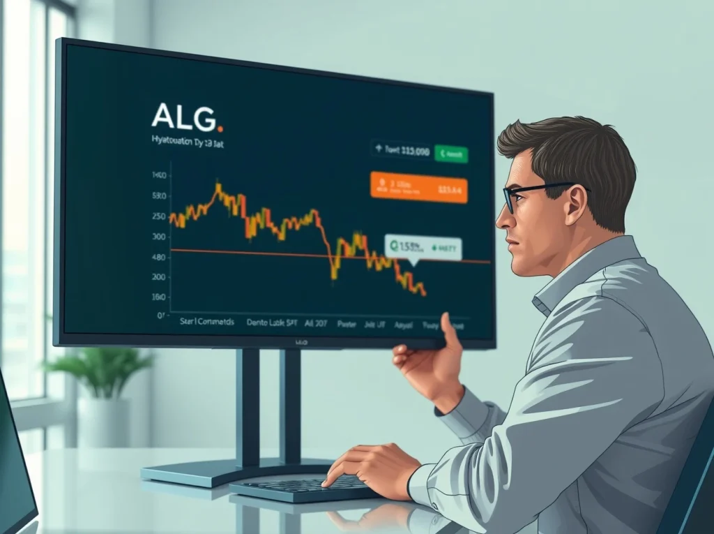 Analyst studies a declining ALGO cryptocurrency price chart in a serious market analysis context.
