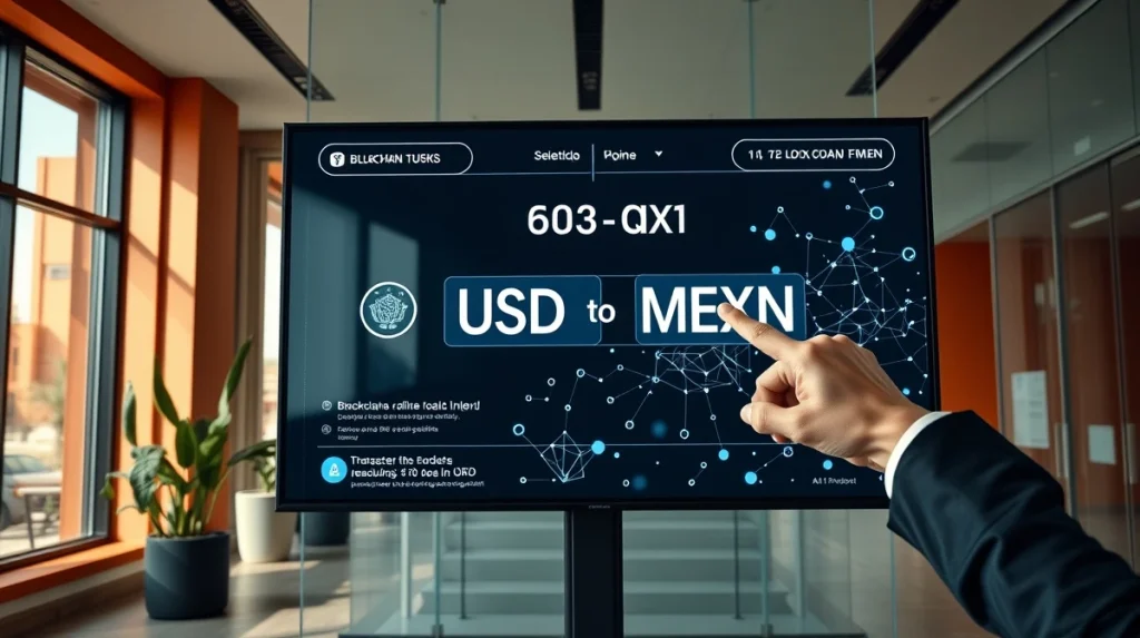Digital payment interface showing USD transfer via blockchain in a modern Mexican office setting