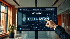 Digital payment interface showing USD transfer via blockchain in a modern Mexican office setting