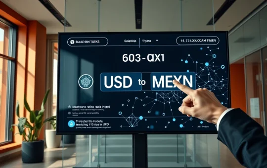 Digital payment interface showing USD transfer via blockchain in a modern Mexican office setting