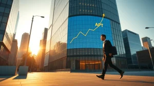 Modern financial district with digital display showing Aptos price chart at golden hour