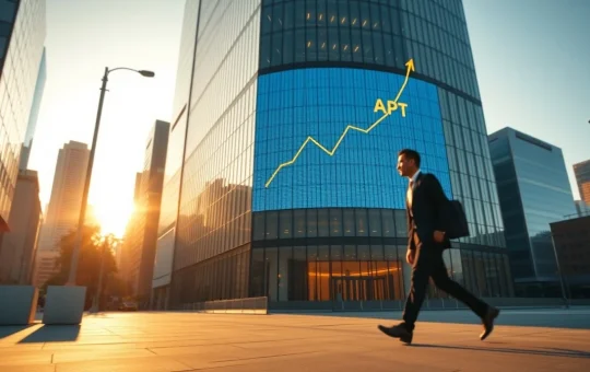 Modern financial district with digital display showing Aptos price chart at golden hour
