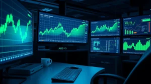 Trading desk with monitors showing Arbitrum ARB price charts and blockchain network data.