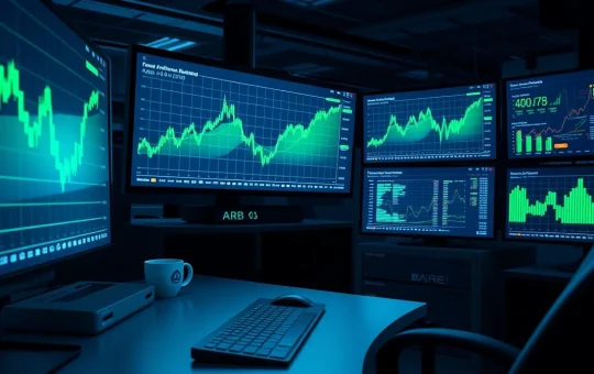 Trading desk with monitors showing Arbitrum ARB price charts and blockchain network data.