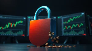 Partially opened digital lock with glowing ARB tokens flowing out, set against a dark trading desk with monitors