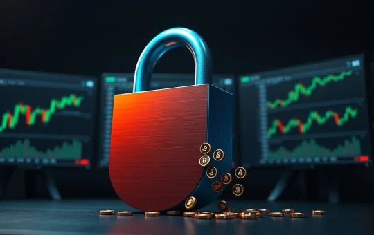 Partially opened digital lock with glowing ARB tokens flowing out, set against a dark trading desk with monitors