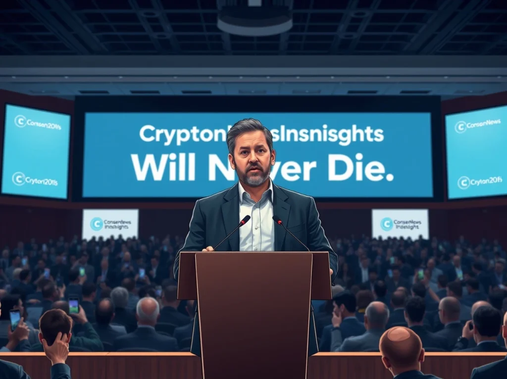 Arthur Hayes speaking at Consensus 2026, declaring CryptoNewsInsightss will never die, highlighting crypto media resilience.