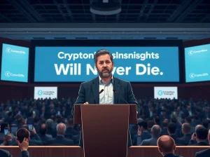 Arthur Hayes speaking at Consensus 2026, declaring CryptoNewsInsightss will never die, highlighting crypto media resilience.