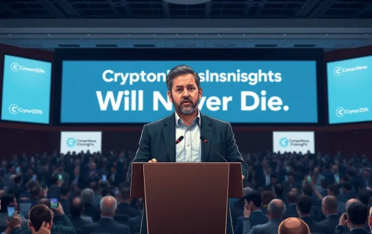 Arthur Hayes speaking at Consensus 2026, declaring CryptoNewsInsightss will never die, highlighting crypto media resilience.