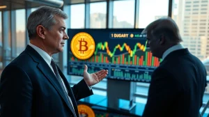 Arthur Hayes gesturing toward a Bitcoin screen in a modern conference room with a Trump silhouette in the background