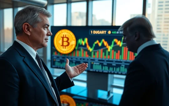 Arthur Hayes gesturing toward a Bitcoin screen in a modern conference room with a Trump silhouette in the background
