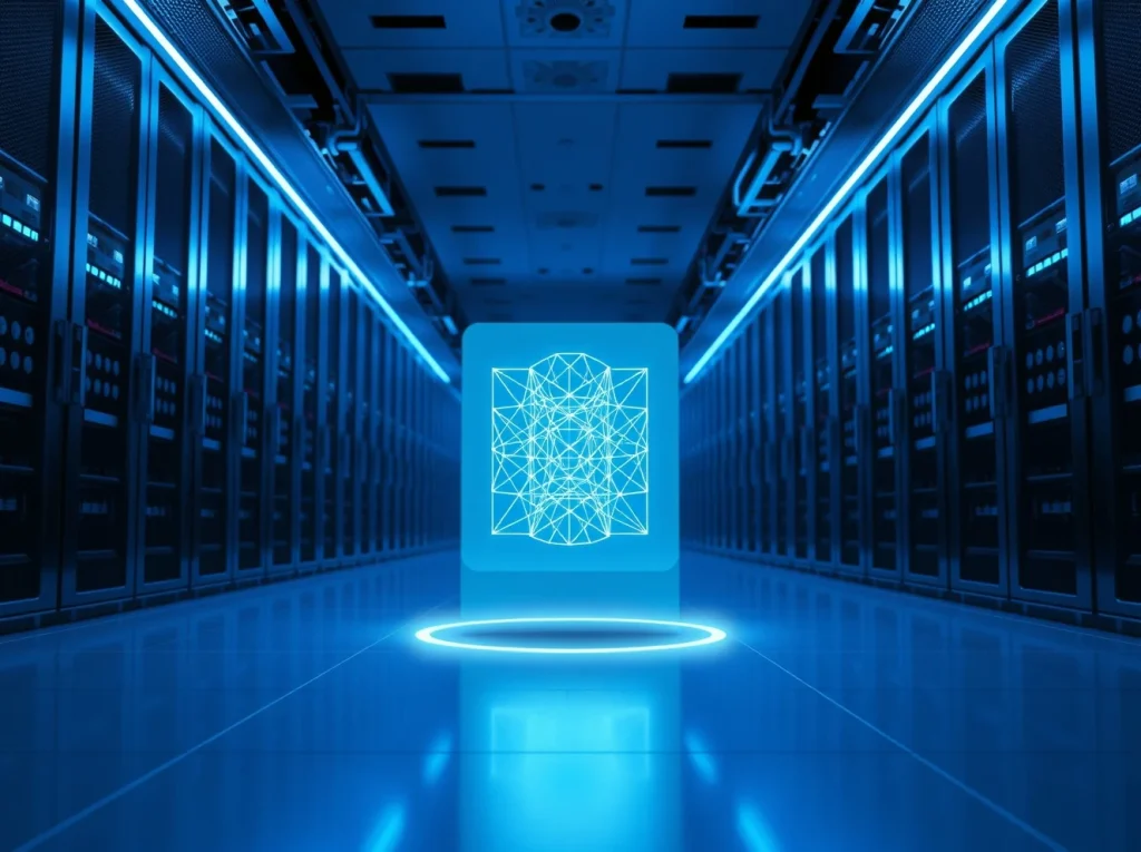 Asentum post-quantum blockchain testnet holographic display in a modern data center illustrating quantum-resistant cryptography