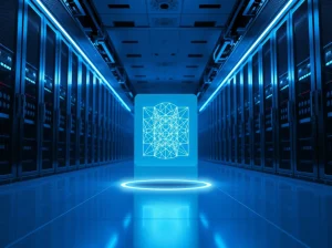 Asentum post-quantum blockchain testnet holographic display in a modern data center illustrating quantum-resistant cryptography