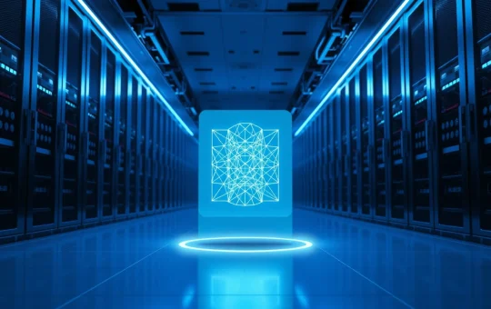 Asentum post-quantum blockchain testnet holographic display in a modern data center illustrating quantum-resistant cryptography