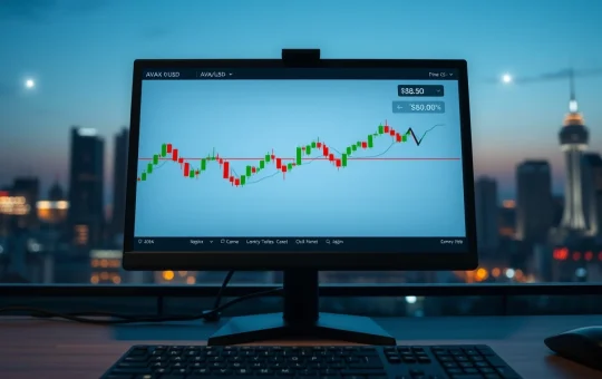 Trading monitor showing AVAX price chart near $8.60 with candlestick data