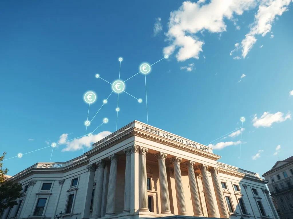 Bank of Italy building with digital tokenization network overlay representing tokenized SEPA payments framework