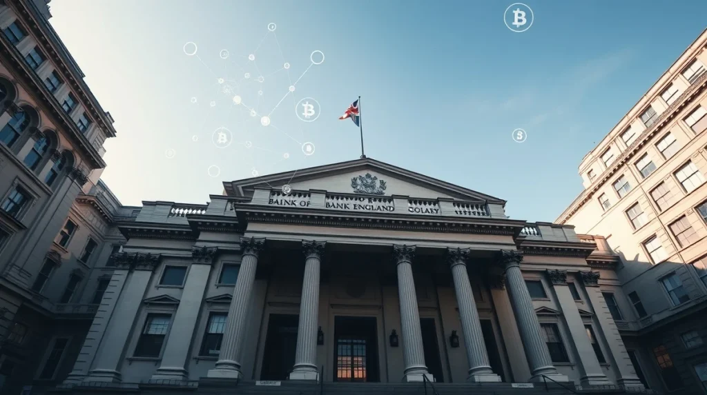 Bank of England building with digital blockchain and cryptocurrency symbols overhead