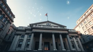 Bank of England building with digital blockchain and cryptocurrency symbols overhead