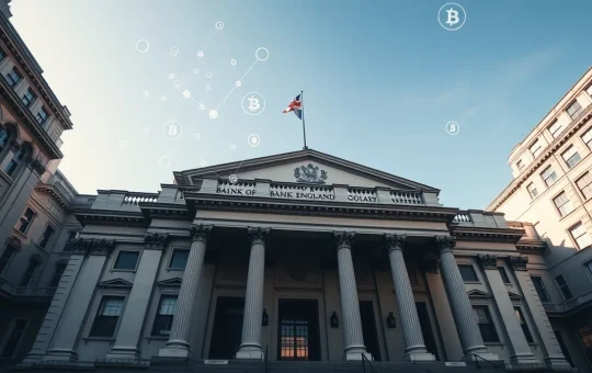 Bank of England building with digital blockchain and cryptocurrency symbols overhead
