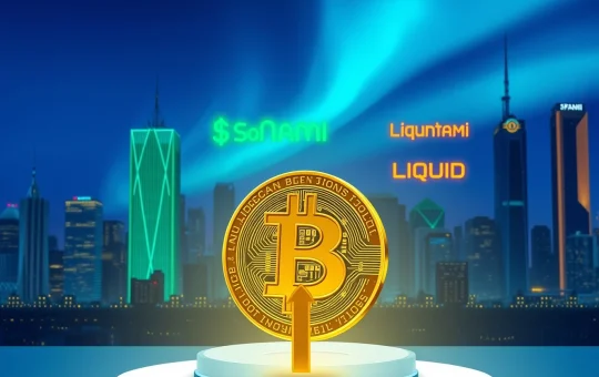 Best crypto presales illustration showing BlockchainFX (BFX) leading over SoNami and LiquidChain with Bitcoin symbol