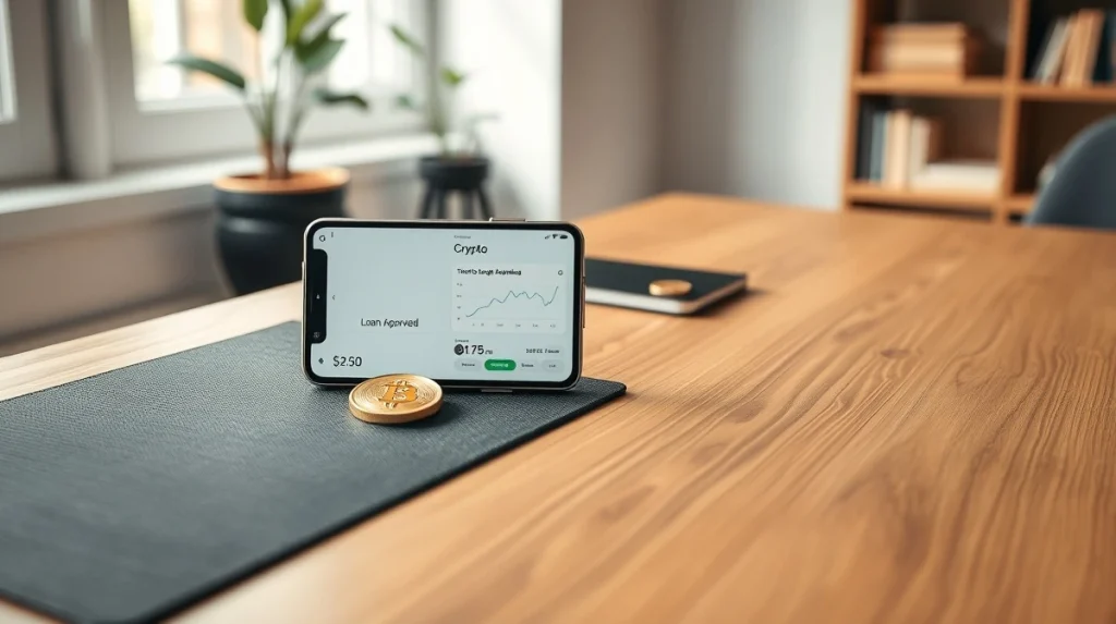 Smartphone displaying a crypto loan approval next to a Bitcoin coin and gold bar on a desk.