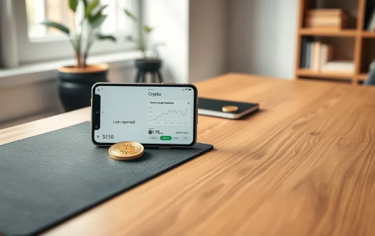 Smartphone displaying a crypto loan approval next to a Bitcoin coin and gold bar on a desk.