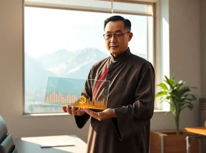 Bhutan official analyzing Bitcoin cryptocurrency data charts in Thimphu office, representing national digital asset strategy.