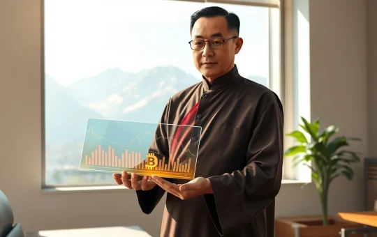 Bhutan official analyzing Bitcoin cryptocurrency data charts in Thimphu office, representing national digital asset strategy.