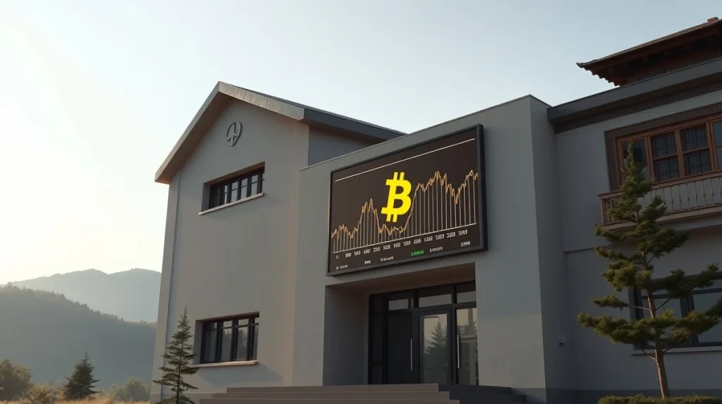 Bhutan government building with digital display showing Bitcoin symbol and financial chart