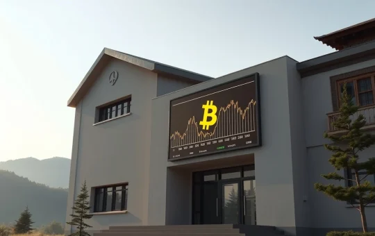 Bhutan government building with digital display showing Bitcoin symbol and financial chart