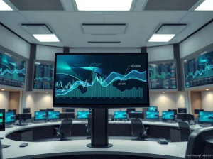 Binance derivatives trading data visualization on a professional trading floor screen.