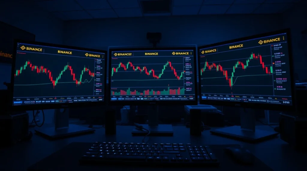 Cryptocurrency trading monitors showing Binance exchange and price charts with downward trend